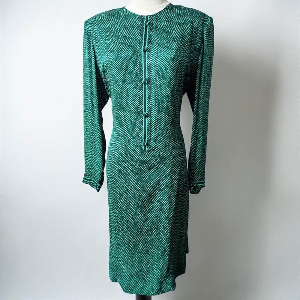 Vintage LIHLI Emerald Green Silk Dress Black Trim Polka Dot Button Front